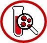 Icono de un tubo de ensayo con sangre junto a una lupa que amplía la imagen, mostrando glóbulos rojos en su interior.